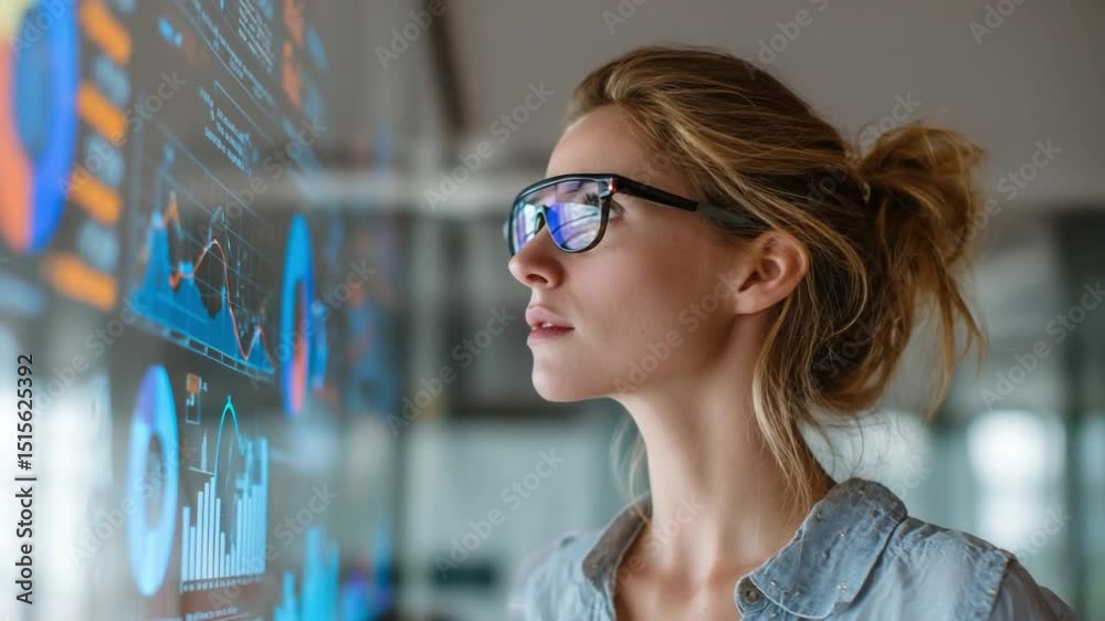 Poster data analyst reviewing kpi: a focused female data analyst intently studies a large interactive displ