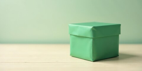 A single, light green, square gift box rests on a pale wood surface against a muted green background