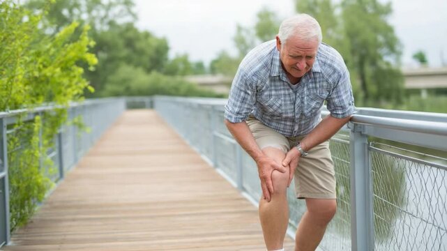 Elderly Pain and Support: A senior man, beset by knee pain, finds solace and support on a bridge, showcasing resilience.