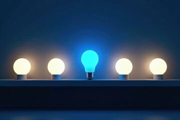 A Single Blue Illuminated Lightbulb Stands Out Among Four Standard White Bulbs on a Shelf in a Dark Room