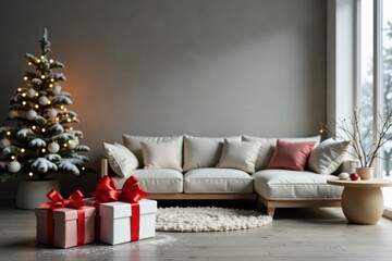Festive Season Interior Featuring a Cozy Sectional Sofa and Decorated Christmas Tree with Presents