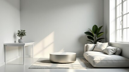 Modern minimalist living room interior design with neutral color palette and natural light featuring a low-profile sofa, round coffee table, and small potted plant