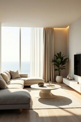 Serene Coastal Living Room with Sunlight Streaming Through Floor-to-Ceiling Windows and a Neutral Color Palette