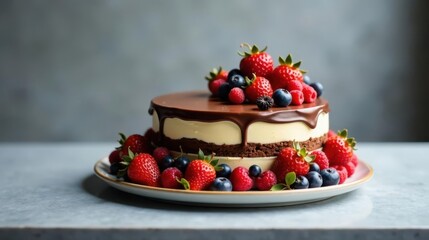 Delicious layered cake adorned with fresh berries and a rich chocolate ganache, a delightful dessert for any occasion