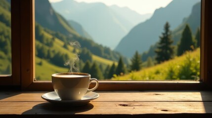 Serene Mountain Vista with a Warm Cup of Coffee on a Sunny Morning