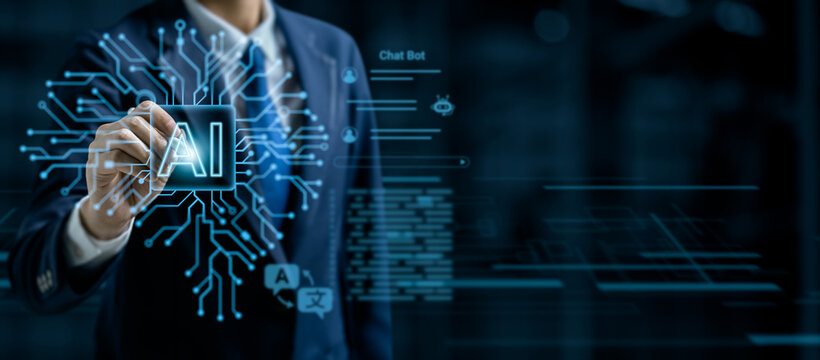 Businessman touching AI icon with digital circuit brain lines and chatbot interface, representing artificial intelligence, automation, and smart technology in business innovation and future solutions.