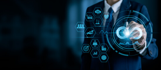Circular economy concept with sustainable development icons and business technology interface for environmental innovation and renewable energy strategy in modern business.