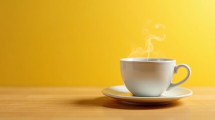 Aromatic Steam Rising From a White Mug on a Light Wooden Table Against a Vibrant Yellow Background