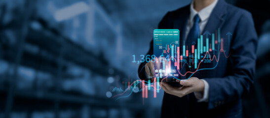 Businessman using smartphone with virtual stock market trading interface, financial technology, investment analysis and real-time trading graph, concept of mobile trading and fintech innovation.