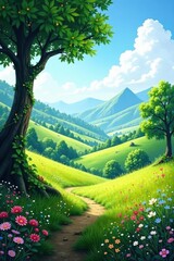 Serene Path Winding Through Lush Green Meadows and Rolling Hills Under a Bright Sunny Sky