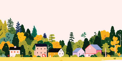 Charming village nestled amongst lush autumn foliage, houses with vibrant colors, peaceful countryside scene. 