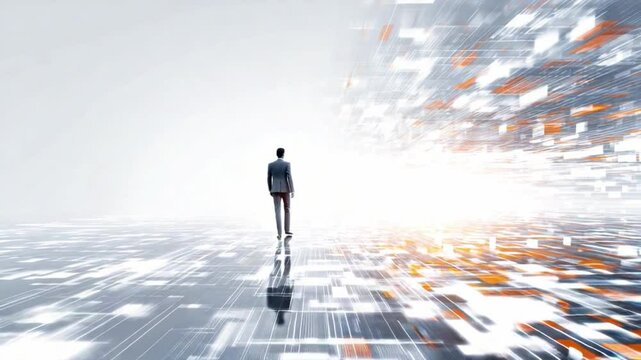 The Visionary: A lone figure stands at the cusp of innovation, gazing into a world of evolving technology, representing human's future and the technological innovation of tomorrow.