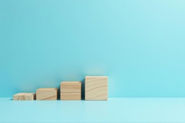Ascending Wooden Blocks on a Light Blue Background, Representing Growth, Progress, and Achievement