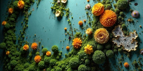 A vibrant arrangement of handcrafted blossoms and verdant moss, artfully designed on a teal backdrop, creates a captivating and detailed floral composition.