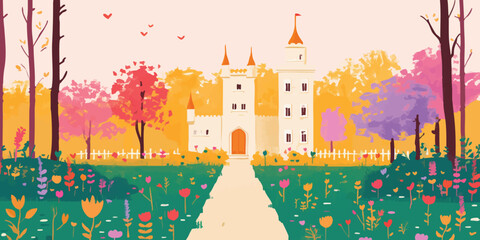 Fototapeta premium Enchanting illustration of a storybook castle nestled amid a vibrant, blossoming landscape, beckoning viewers into a world of fantasy and wonder. 