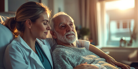  Doctor consulting elderly patient with warm smile, Caring medical professional with senior patient, Compassionate healthcare interaction in clinic