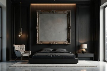 Opulent Dark Bedroom Interior Design Featuring a Large Ornate Frame and Luxurious Bed