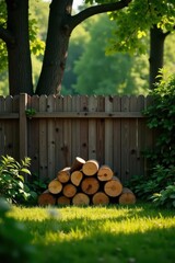 Serene Backyard Scene with Stacked Wood Logs Against Wooden Fence in Lush Green Garden