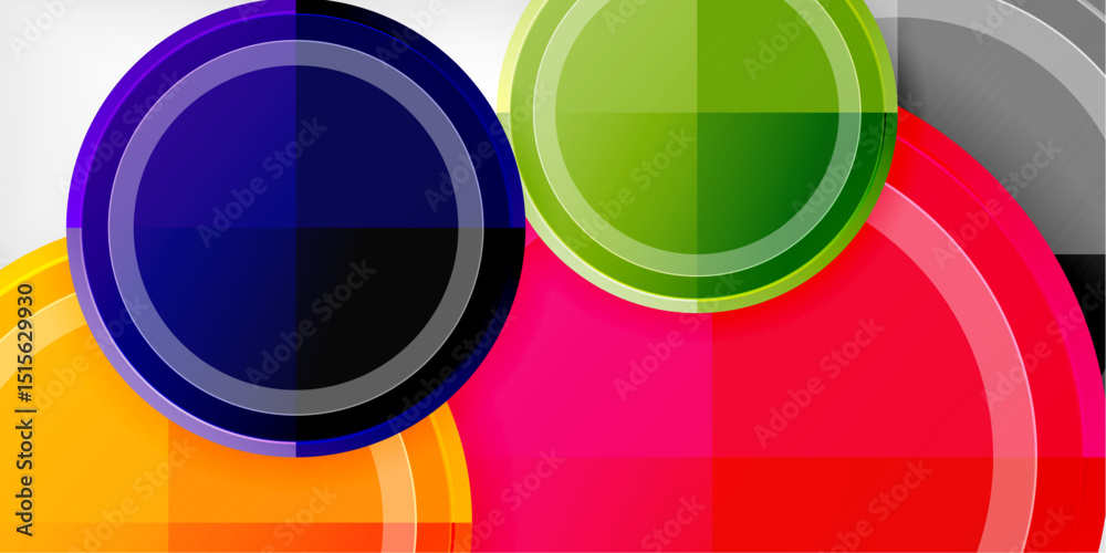 Poster Abstract colorful circles overlap, creating dynamic geometric composition. Bright hues contrast dark background. Modern design elements present.