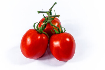 Fresh ripe organic red tomatoes with green vine isolated on white background
