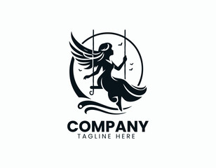 Joyful Woman Playing on Swing Serene Outdoor Illustration Vector Logo Design, Whimsical Woman on Swing Graceful Freedom Silhouette Vector Logo