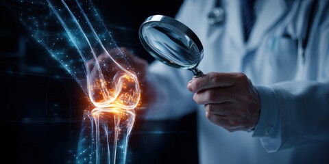 A physician examines a digital representation of a knee joint, highlighting advanced imaging techniques that enhance understanding of knee conditions and improve patient care.
