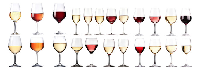 Collection of Various Wine Glasses with Different Wine Types, Isolated on Transparent, white background