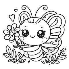 Butterfly holding a small flower, vector image suitable for coloring books
