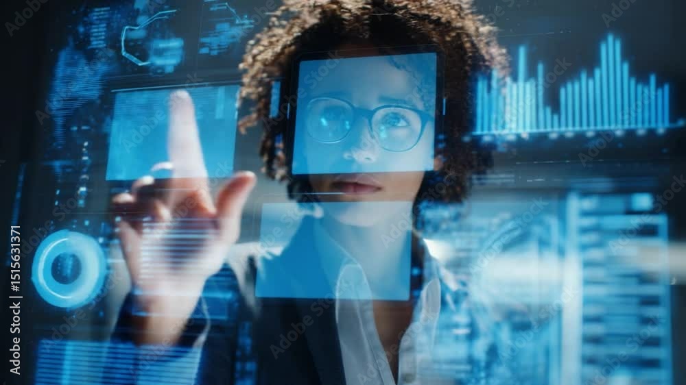 Poster modern tech interface: a person interacts seamlessly with an advanced digital interface, highlightin