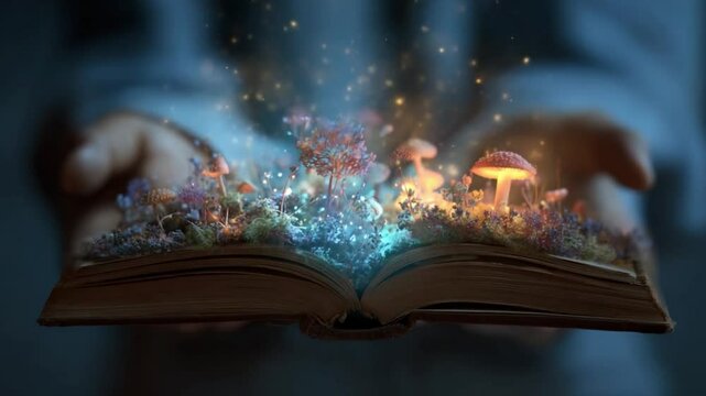 Enchanted Book in Hand: A book held in hand, reveals a miniature world of fantastical elements of radiant mushroom, and blossoming plants, surrounded by glowing particles