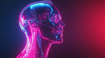 A neon-lit transparent human body showcasing cybernetic enhancements