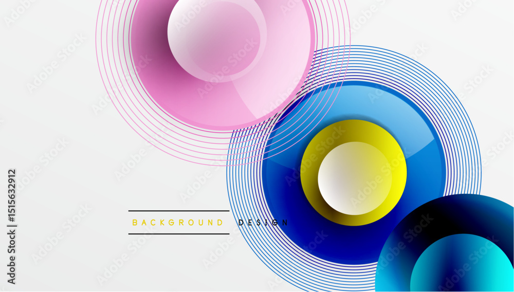 Poster Abstract design features colorful circles, lines. Gradient shades create dynamic visual effect. Modern background suitable for various projects.