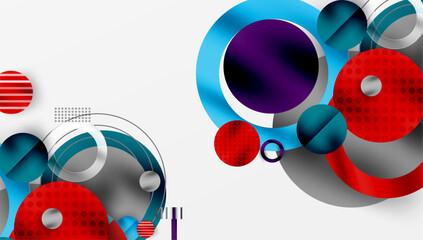 Fototapeta premium Abstract design features vibrant circles, curves, lines. Red, blue, purple hues dominate white background. Modern, dynamic composition.