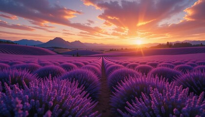 Sunset Lavender Field Landscape Background Image, Sunset, Field, Plant, Nature, Banner Texture Advertisement