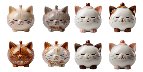 Adorable Ceramic Cat Figurines in Various Designs and Colors, Isolated on Transparent, white background