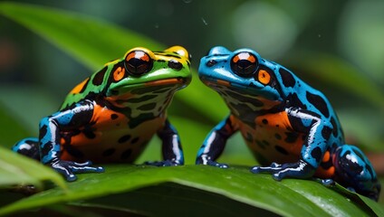 Harlequin poison frogs sitting on green leaves in a tropical rainforest