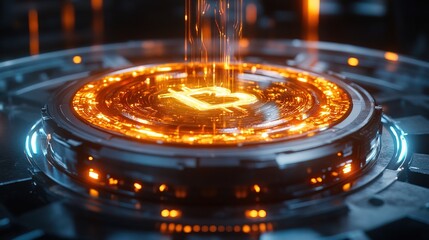 A holographic coin spinning in a futuristic blockchain system