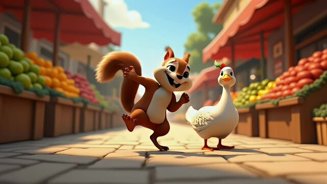 Cartoon squirrel dances by duck on a sunlit market street lined with fresh produce