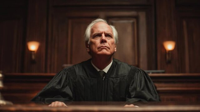 The Judge's Decree: An authoritative judge presides over the courtroom, embodying justice, law, and the solemnity of legal proceedings. Capturing a moment of contemplation.