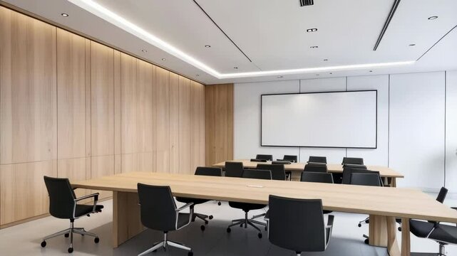 Spacious modern conference room interior with light wood paneling and large windows, featuring conference tables and black chairs ready for meetings