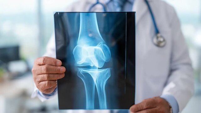 Doctor Examining Knee X-Ray: A close-up shot of a doctor's hands holding a knee X-ray, revealing intricate details of the bone structure.  The image emphasizes medical expertise and patient care.