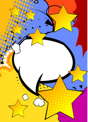 Cartoon Star with blank speech bubble, comic book background. Retro vector comics pop art design.