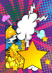Cartoon Star with blank speech bubble, comic book background. Retro vector comics pop art design.