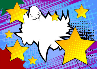 Cartoon Star with blank speech bubble, comic book background. Retro vector comics pop art design.