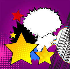 Cartoon Star with blank speech bubble, comic book background. Retro vector comics pop art design.