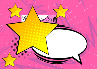 Cartoon Star with blank speech bubble, comic book background. Retro vector comics pop art design.