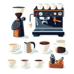Realistic and artistic illustrations of coffee beans, brewing equipment, coffee cups, baristas, coffee farms, roasting processes, and café scenes