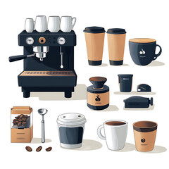 Realistic and artistic illustrations of coffee beans, brewing equipment, coffee cups, baristas, coffee farms, roasting processes, and café scenes