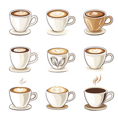 Realistic and artistic illustrations of coffee beans, brewing equipment, coffee cups, baristas, coffee farms, roasting processes, and café scenes