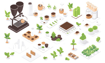 Realistic and artistic illustrations of coffee beans, brewing equipment, coffee cups, baristas, coffee farms, roasting processes, and café scenes